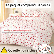 Contenu de la parure : une housse de couette cœurs rouges et deux taies d'oreiller