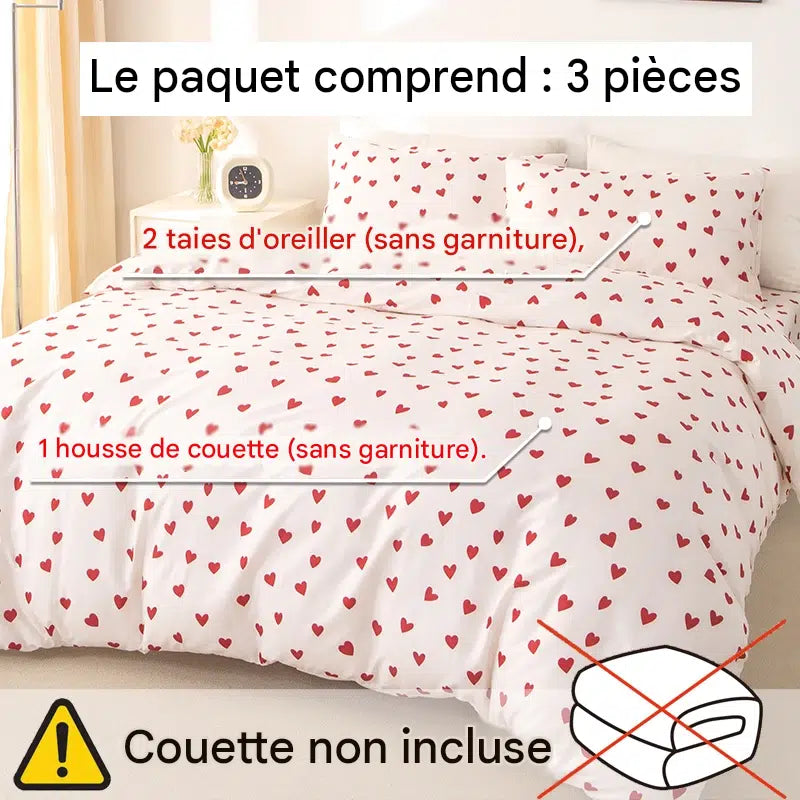 Contenu de la parure : une housse de couette cœurs rouges et deux taies d'oreiller