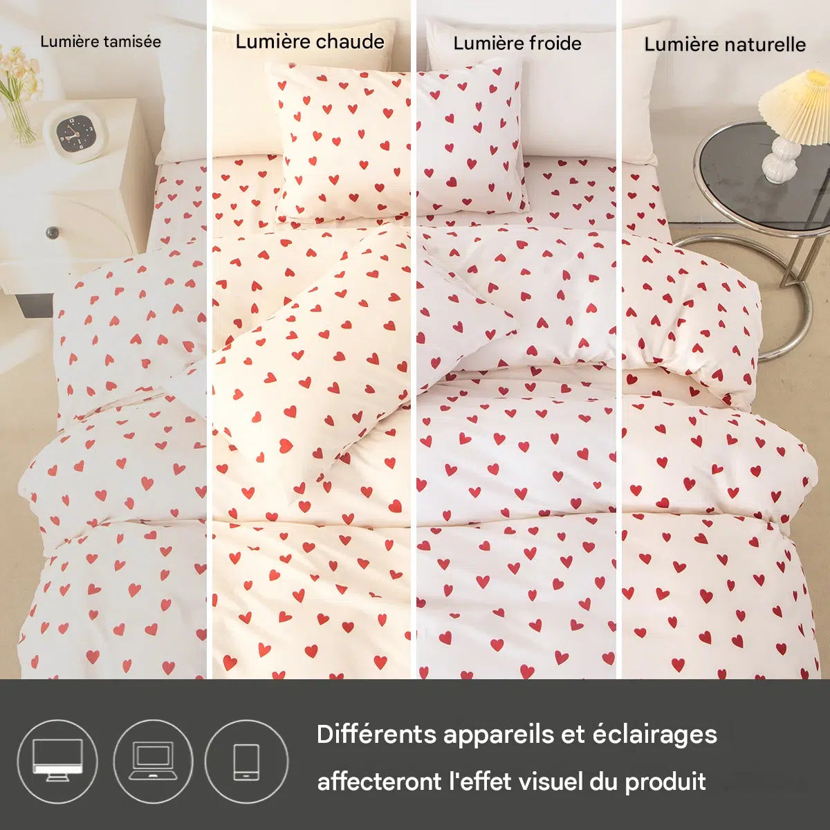 Housse de couette cœurs rouges présentée sous différents éclairages