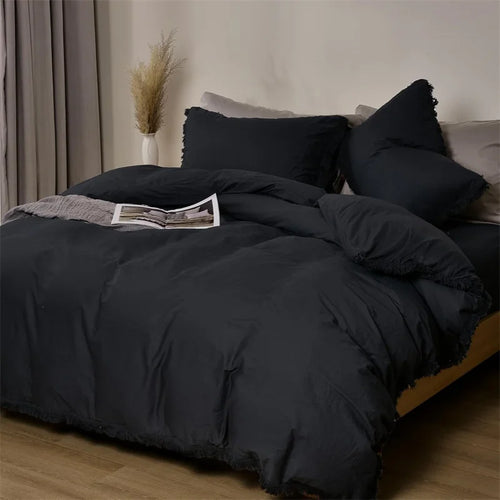 Housse de couette noire en coton lavé avec finition à franges