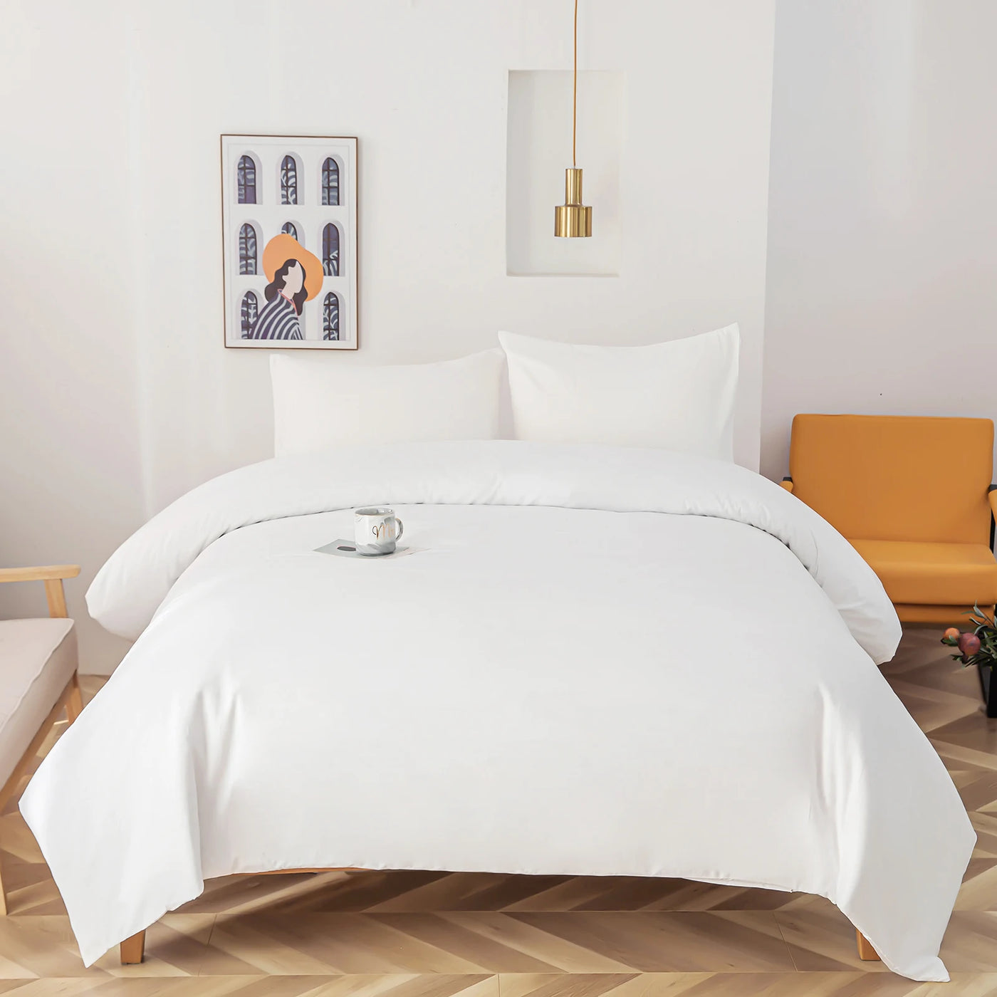 Housse de couette unie blanche en microfibre douce avec taies 65x65