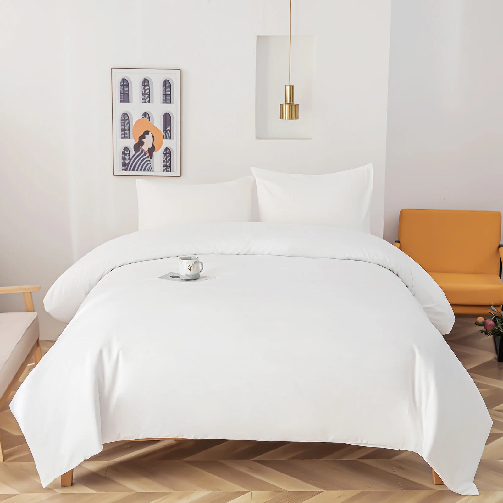 Housse de couette unie blanche en microfibre douce avec taies 65x65