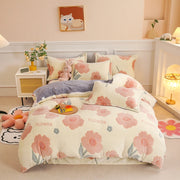 Parure de housse de couette d'hiver en flanelle polaire à fleurs roses