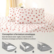 Taie d'oreiller assortie à motif cœurs rouges avec fermeture enveloppe
